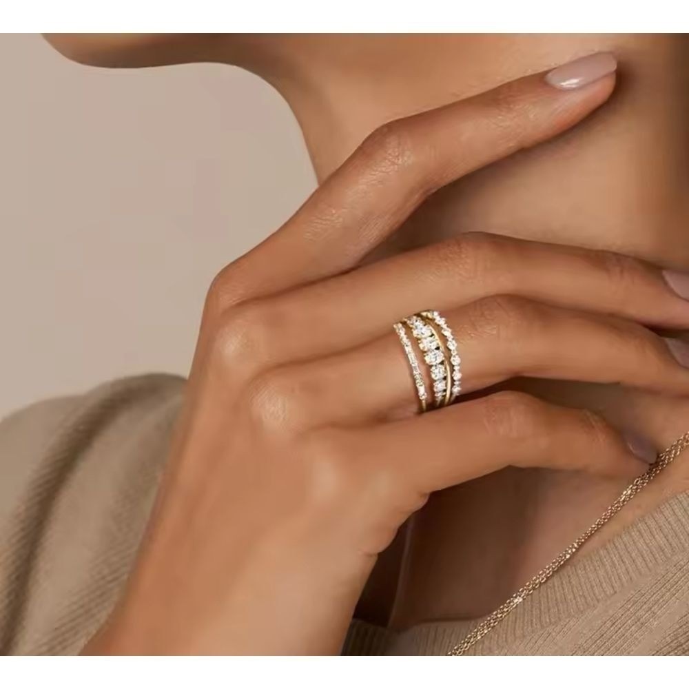 Elegant Triple Band‎ Cubic Zirconia Ring Stack 18k gold overlay Wedding Band Set